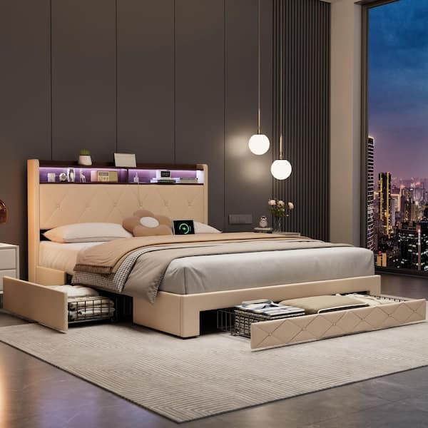 VECELO Storage Bed Beige Metal Frame Queen Platform Bed with Power Station, USB Ports and Storage Shelf Headboard, Drawers
