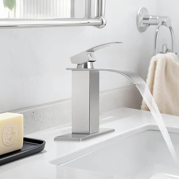 Modern Single Handle Single Hole Bathroom Sink Faucet with Suppply Line in Brushed Nickel