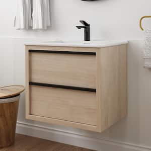 SCHAT 24 in. W x 18 in. D x 21 in. H Wall Mount Bath Vanity in Plain Light Oak with White Ceramic Top Soft-Close Drawer
