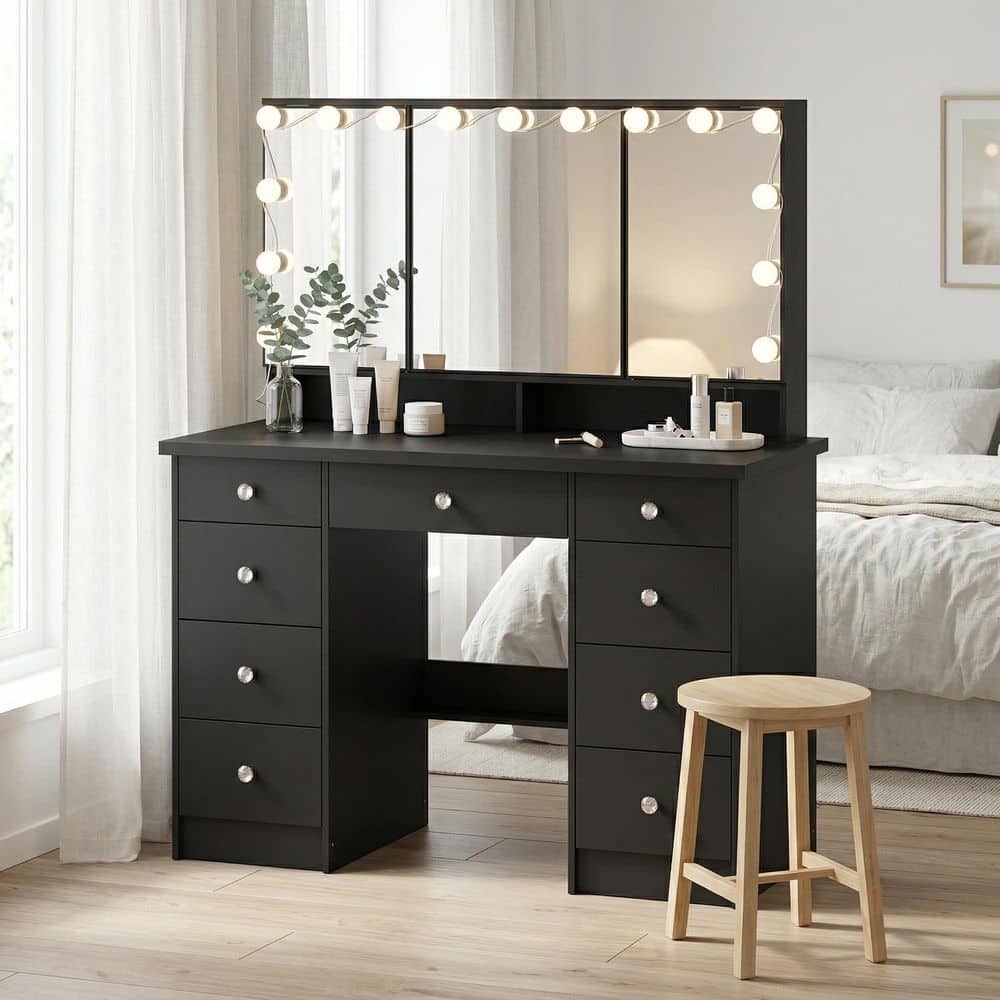 Black Modern Makeup Vanity Desk 9-Drawers Wood Dressing Table With 3-Mirrors, Hidden Storage Shelves, LED Bulb Lights - thumbnail 3