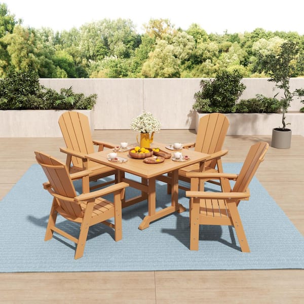 WESTIN OUTDOOR Laguna Outdoor Patio Adirondack Weather Resistant Teak 5-Piece HDPE Plastic Square Table Dining Set