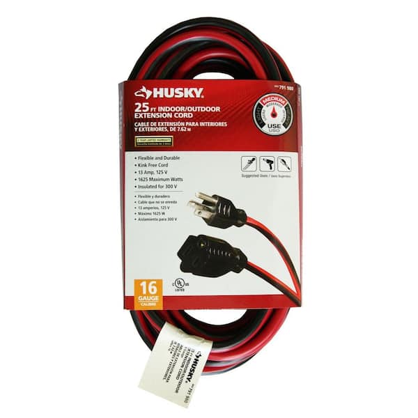 Husky 25 ft. 16/3 Medium-Duty Indoor/Outdoor Extension Cord, Red and Black