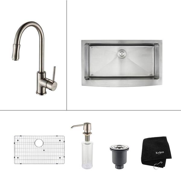 KRAUS All-in-One Farmhouse Apron Front Stainless Steel 36 in. Single Basin Kitchen Sink with Faucet and Accessories in Chrome