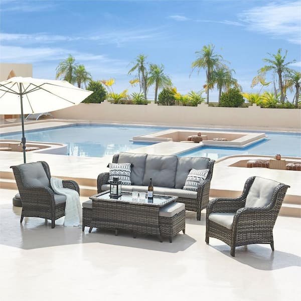 Carolina 6-Piece Gray Wicker Patio Outdoor Conversation Set with Gray Cushions