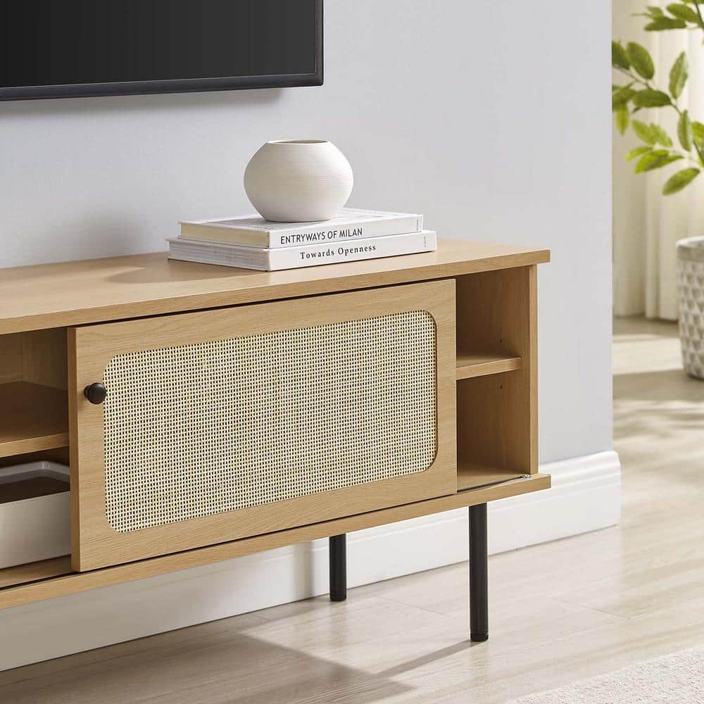 Rustic Oak 47" Media Console with Rattan Cabinet and Metal Legs