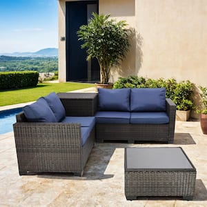 4-Piece Patio Wicker Sectional Sofa Set with Blue Cushions, Storage Box and Glass Coffee Table