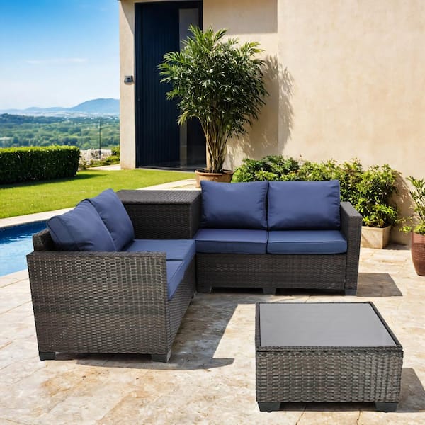 fiziti 4-Piece Patio Wicker Sectional Sofa Set with Blue Cushions, Storage Box and Glass Coffee Table