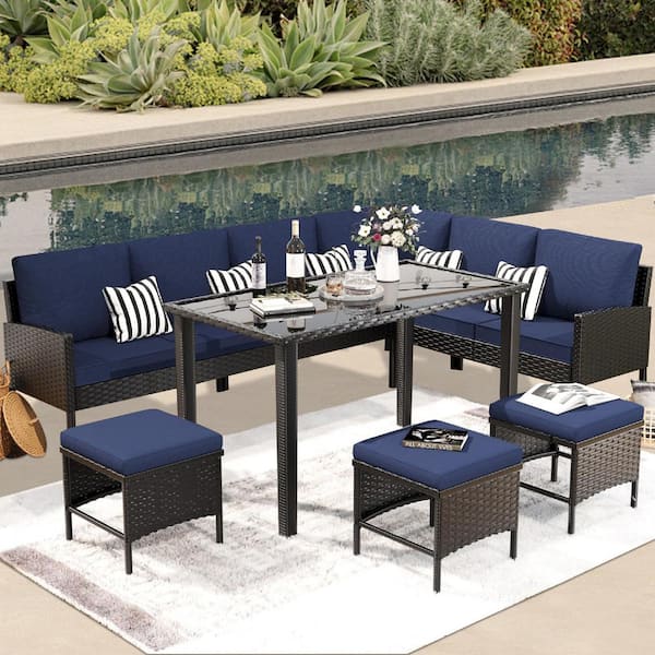 Unbranded 7-Piece Wicker Outdoor Dining Set, Patio Dining Table Set with Blue Waterproof Cushion for Backyard, Patio, Garden