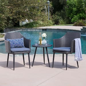 3-Piece Gray Wicker Patio Conversation Set with Blue Cushions and Coffee Table for Porch, Balcony, Poolside