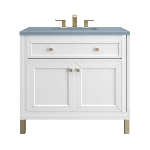 James Martin Vanities Chicago 36.0 in. W x 23.5 in. D x 34 in. H Bathroom Vanity in Glossy White with Cala Blue Quartz Top