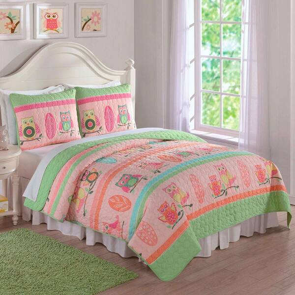 Unbranded Owl Stripe Pink Queen Quilt and Shams