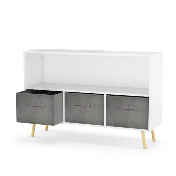 URTR 35.43 in. W White Wood Storage Cabinet with Fabric Drawers Kids Bookcases Display Shelves Toy Storage Cabinet Organizer