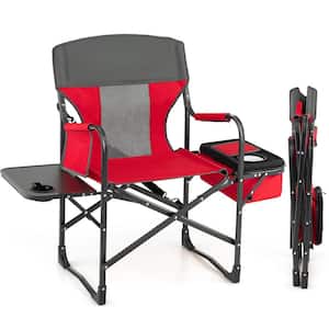 Red Folding Camping Directors Chair with Cooler Bag and Side Table