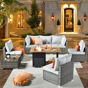Daffodil B Gray 8-Piece Wicker Patio Storage Fire Pit Conversation Sofa Set with Gray Cushions