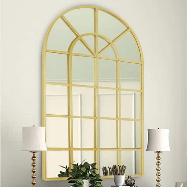 CLAVIE 24 in. W x 41 in. H Large Arched Window Mirror Metal Framed Wall Bathroom Vanity Mirror Arched Mirror in Gold
