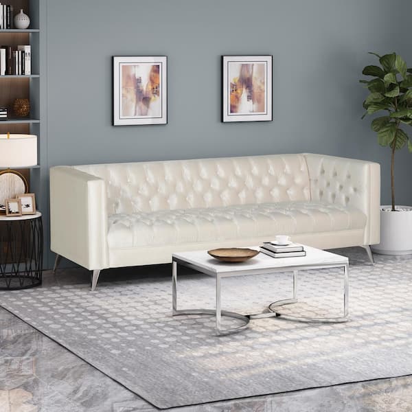Noble House Galvin 88 in. Beige Solid Velvet 3-Seat Tuxedo Sofa