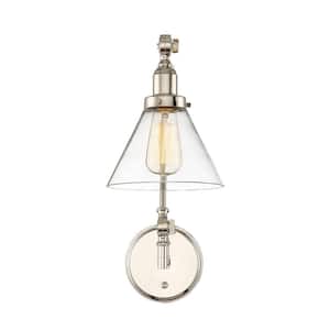 Drake 7.5 in. W x 17 in. H 1-Light Polished Nickel Wall Sconce with Clear Glass Shade and Included Cord/Plug