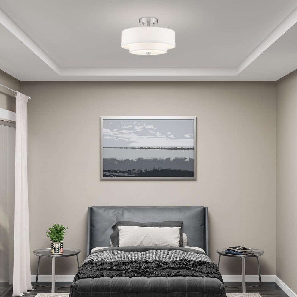 Claremont Brushed Nickel 2-Light Semi-Flush Drum with Off-White Shade