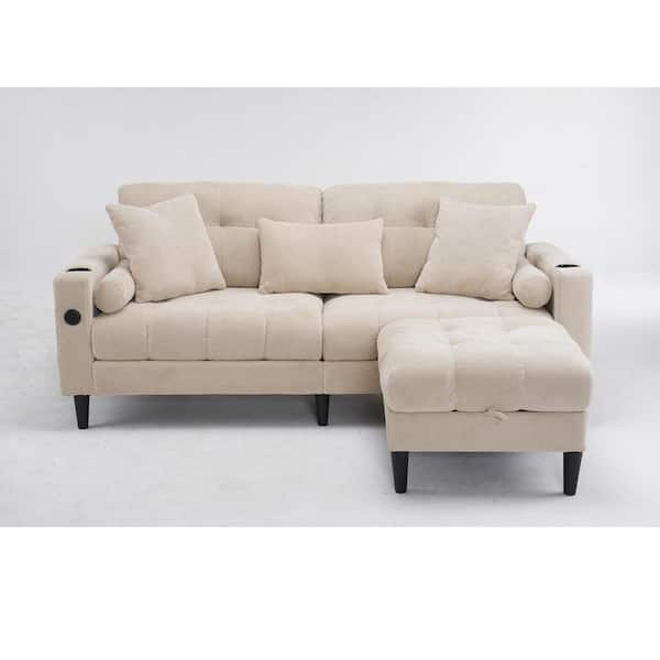 Modern 77.2 in. W Beige Chenille 2-Seater Loveseat with Ottoman and Charging Station