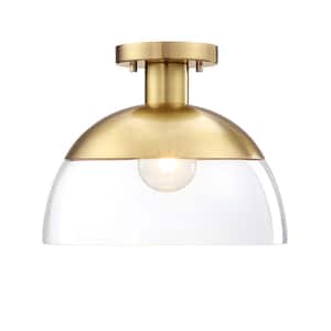 Rey 13 in. 1-Light Brushed Gold Modern Semi Flush Mount with Clear Glass Shade for Bedrooms