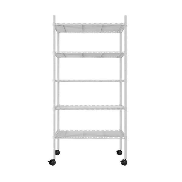 (White) 5 Tier Metal Folding Storage Shelf With Wheels