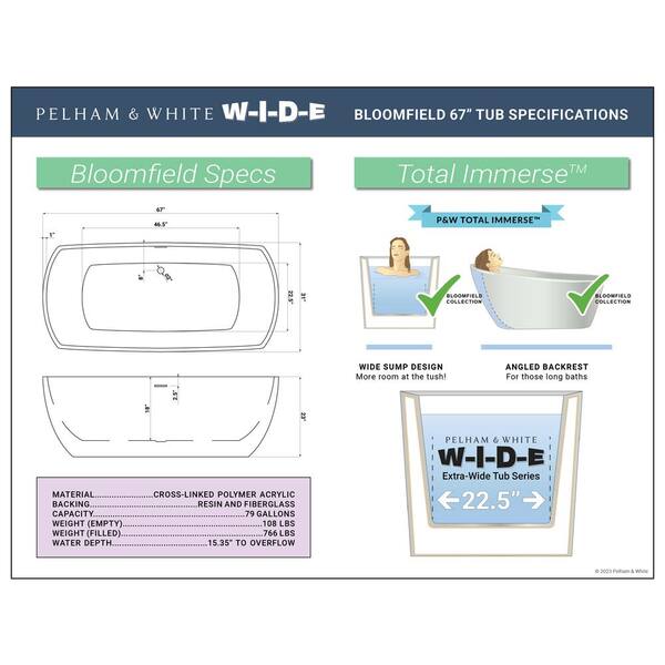 W-I-D-E Series Bloomfield 67 in. Acrylic Freestanding Tub in White, Drain in White