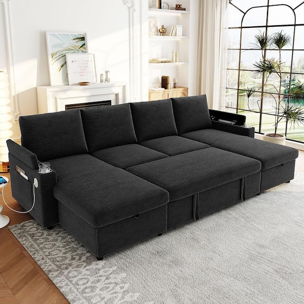 109.5 in. Corduroy U Shaped Sectional Sofa in. Black with Storage Chaise Lounges, Convertible Sofa Bed with USB Ports