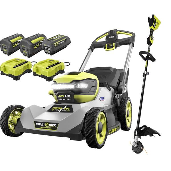40V HP Brushless 21 in. Battery Walk Behind Dual-Blade Self-Propelled Mower \u0026 String Trimmer -3 Batteries - 2 Chargers
