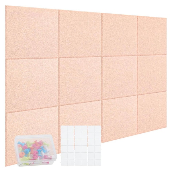 Afoxsos 48 x 36 Rectangular Pink Felt Cork Board Tiles with Removable Adhesive Tabs and Push Pins for Office and Home Walls
