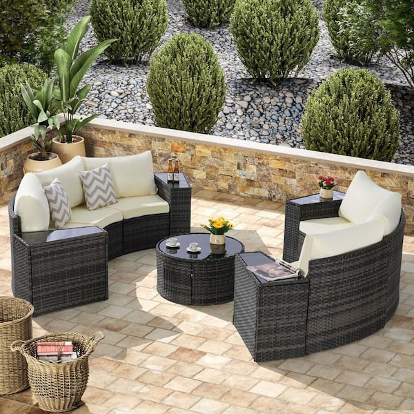 Tenleaf 11-Piece Wicker Patio Conversation Set with Beige Cushions, Tempered Glass Round Coffee Table