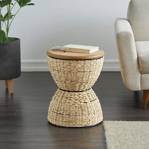 19 in. Brown Handmade Rattan Woven Stool with Wood Tabletop and Black Frame