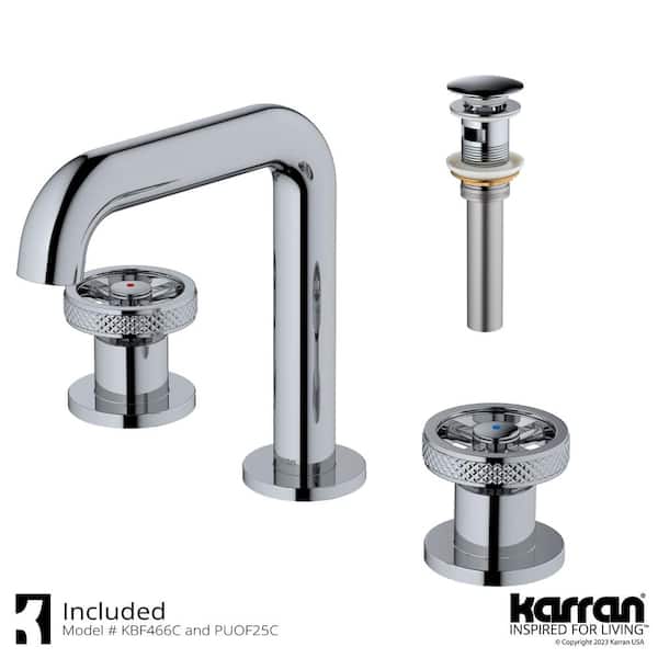 Tryst Widespread Wheel 2-Handle Three Hole Bathroom Faucet with Matching Pop-up Drain in Chrome