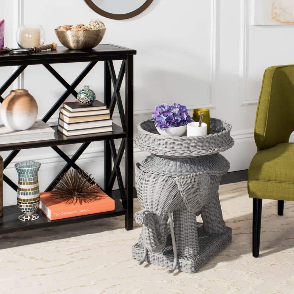 Gray Rattan Elephant Round Storage Accent Table