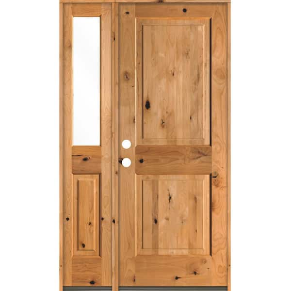 Krosswood Doors 44 in. x 80 in. Rustic knotty alder 2-Panel Sidelite Right-Hand/Inswing Clear Glass Clear Stain Wood Prehung Front Door