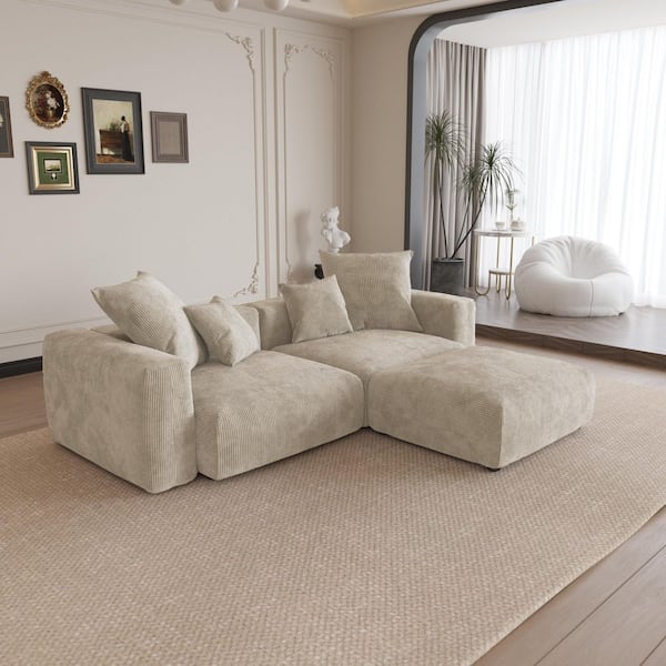 Unbranded 102.36 in. Square Arm Corduroy Modular 3-Piece L-Shaped Sofa Couch with Deep Seats and Ottoman For Living Room in. Beige