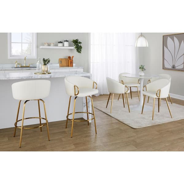 Claire 25.75 in. White Faux Leather and Gold Metal Fixed-Height Counter Stool (Set of 2)