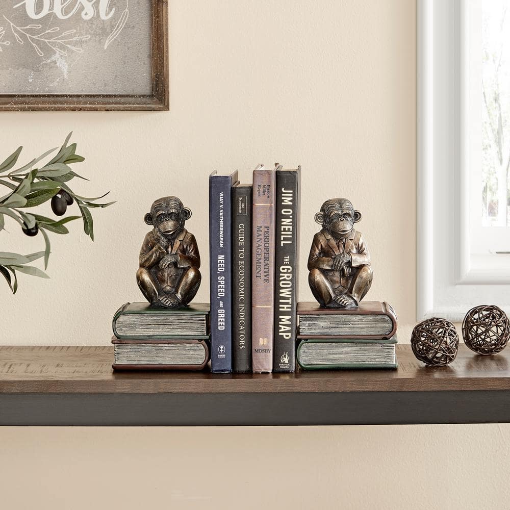 Antique Patina Finish Monkey Bookends with Resin Base
