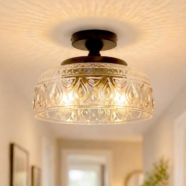 12 in. 3-Light Bowl Matte Black Semi-Flush Mount Ceiling Light Glass Fixture for Living Room Foyer Kitchen Bedroom