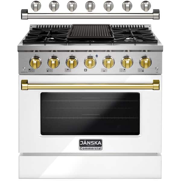 JANSKA Professional 36 in. 5.2 cu. ft. Gas Range with 6-Sealed Burners, Convection Oven, Griddle in Lustrous White