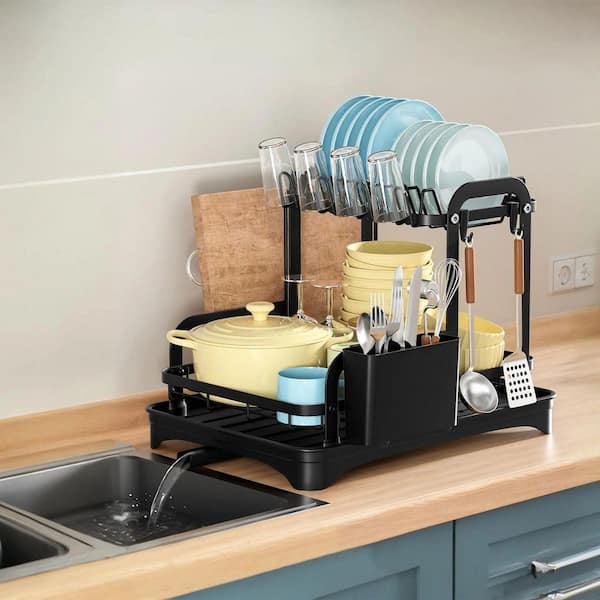 2-Tier Dish Rack with Drainboard-Rustproof Space Saving Detachable Kitchen Drainer Organizer
