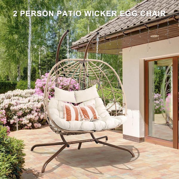 FKSLIFE Double Wicker Egg Chair Swing for Indoor/Outdoor