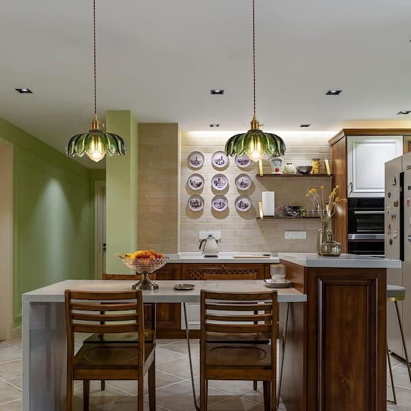 Modern 1-Light Green Plug-In Mid-Century Hanging Pendant Light with Ribbed Flower Glass Shade Kitchen Island Chandelier
