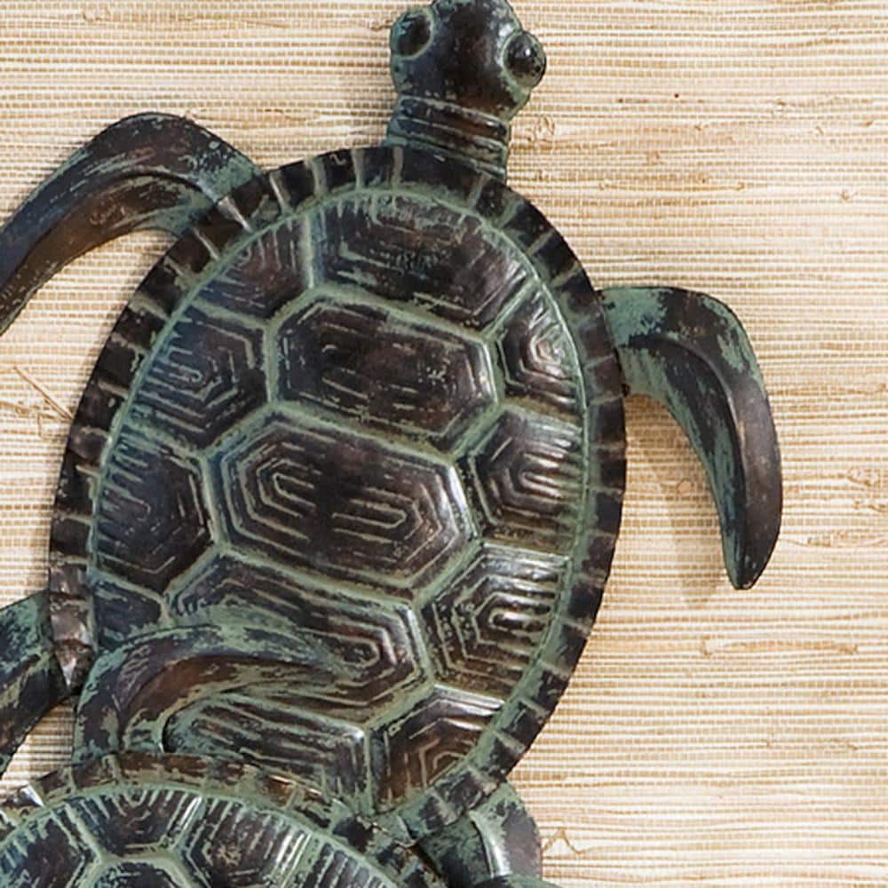 Hand-Painted Green and Black Metal Sea Turtle Wall Sculpture