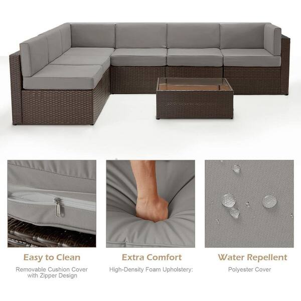 Brown 7-Piece Wicker Outdoor Patio Sectional Set, All