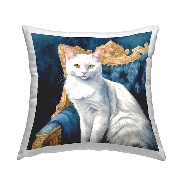 Stupell Industries Elegant White Cat Blue Print Polyester 18 in. x 18 in. Throw Pillow