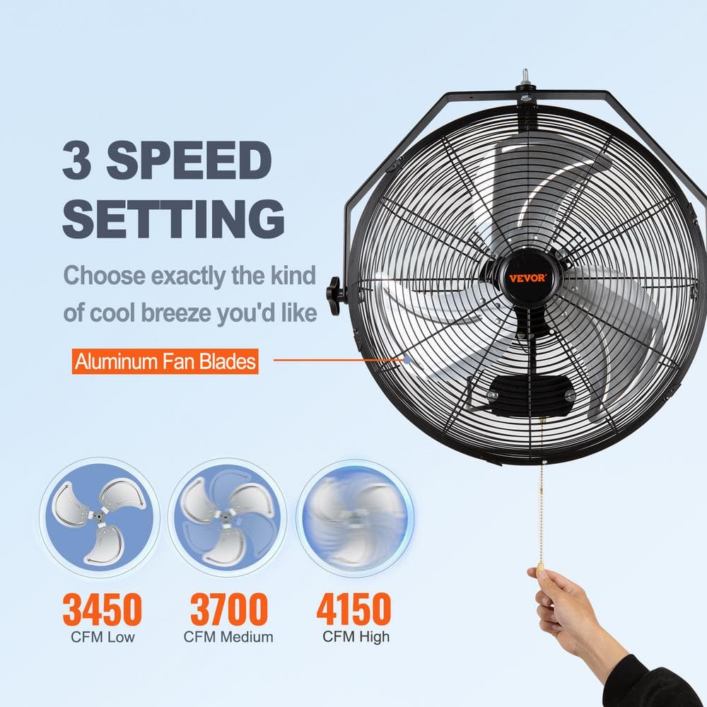 VEVOR 18'' Black Industrial Wall Mount Fan with Aluminum Blades