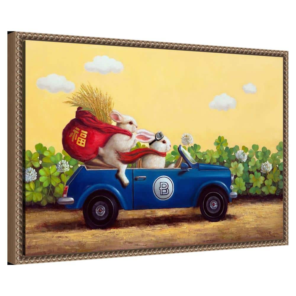 Whimsical Bunnies in Blue Car Framed Canvas Print