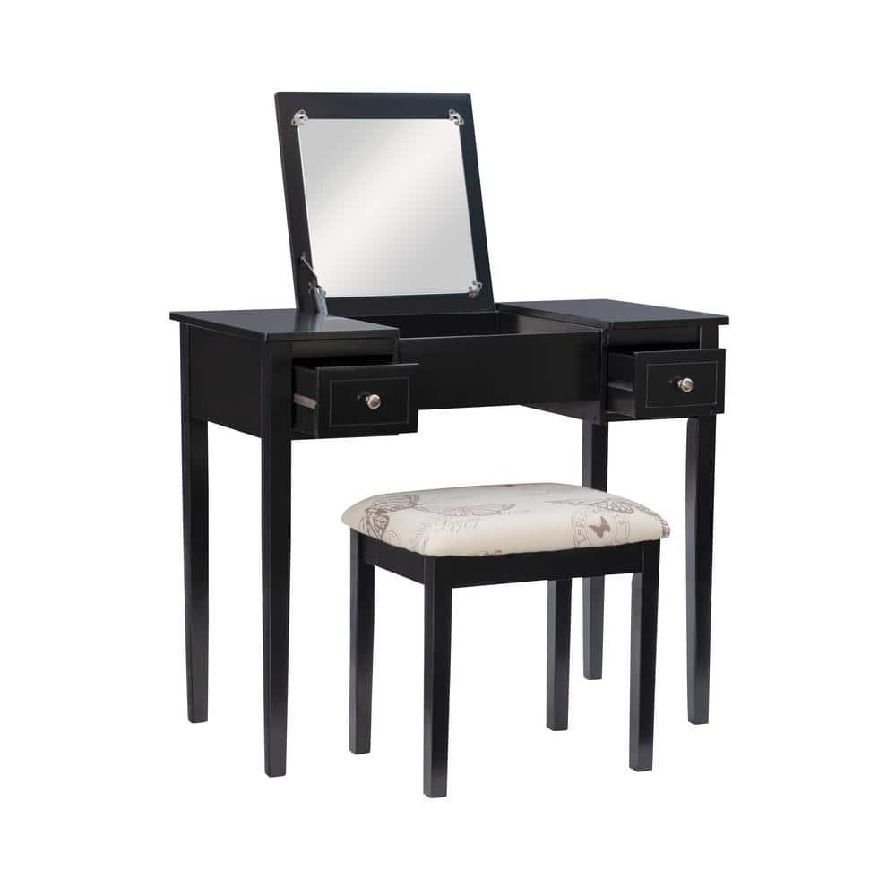 April 2-Piece Black Makeup Vanity with 2-Drawers and Flip-Top Mirror