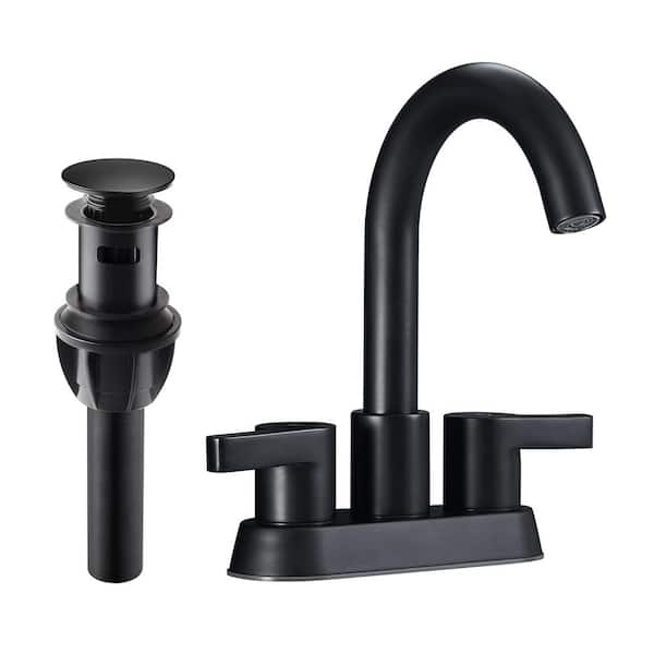 AIMADI 4 in. Centerset Double Handle Bathroom Faucet with Pop-Up Drain Stainless Steel 3-Hole Bathroom Sink Taps in Matte Black