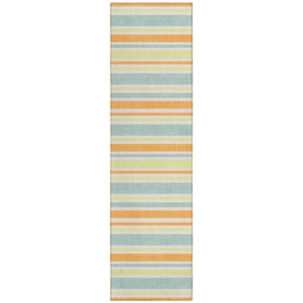 Orange, Green, Blue 2 ft. x 8 ft. Woven Striped Polyester Runner Indoor / Outdoor Area Rug